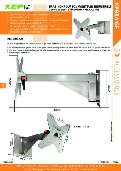 Bras Inox 2 points de rotation pour Écran Industrielle