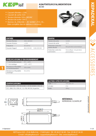 Adaptateur AC/DC - KEPADEXAL - Tension de sortie 12VCC
