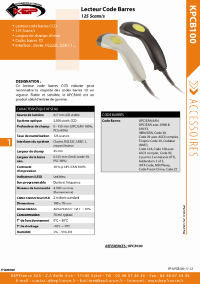 Périphérique, Lecteur Code Barre – KPCB100