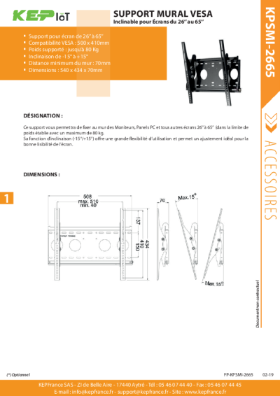 Support Mural Inclinable VESA 26'' à 68'' Max 80kg