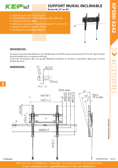 Support Mural Inclinable pour PC Industriel VESA 32'' à 42''