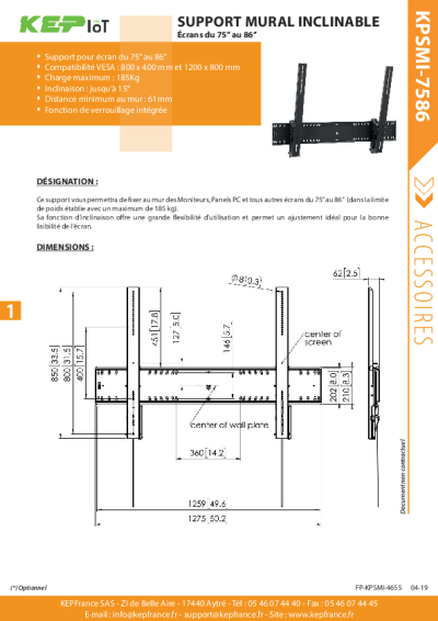 Support Mural inclinable pour Écran et PC industriels Grand Format