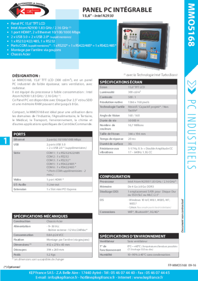 Panel PC fanless Industriel - MM05168 - 15.6