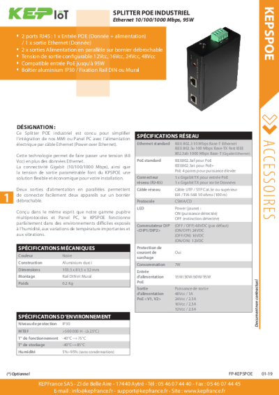 Splitter POE Industriel Ethernet  - KEPSPOE