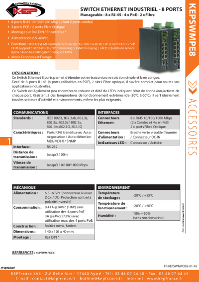 Switch Ethernet Industriel - 8 Ports - RJ45 - PoE, Fibre