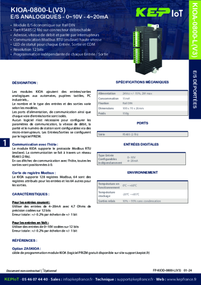 KIOA-0800-L(V3) - E/S Analogiques - 0~10V - 4~20mA