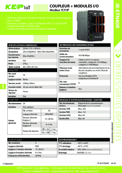 iR-ETN40R : coupleur Modbus/TCPIP avec entrées/sorties