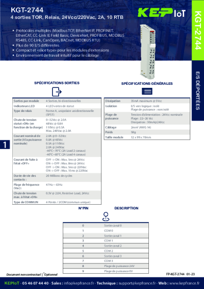 4 sorties TOR, Relais, 24Vcc/220Vac, 2A, 10 RTB
