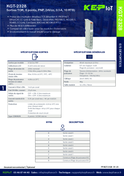 Sorties TOR, 8 points, PNP, 24Vcc, 0.5A, 10 RTB
