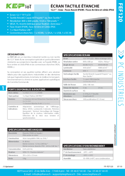  FEF120 - Écran Étanche en Inox Tactile Industriel - Tactile 12.1