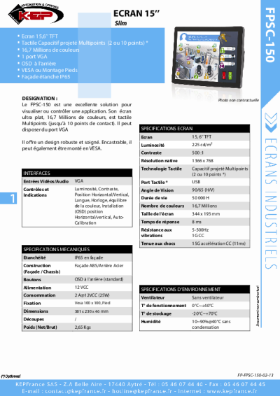 Écran Industriel Slim, Tactile et Grand Format – FPSC-150 15”