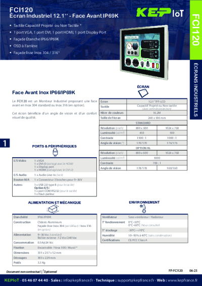 Moniteur Flat Face - Face Avant Inox 12.1'' - FCI120