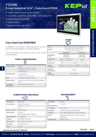 ECRANS INDUSTRIELS - FCI160 - Face avant inox 15.6''