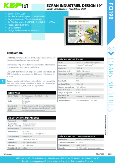 Écran Tactile Industriel design 19'' - Fanless - FC190 