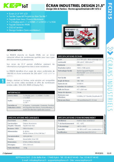 Écran Tactile Industriel design 21.5'' - Fanless - FCI215