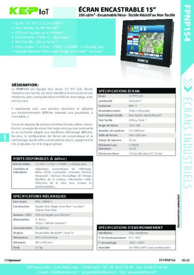 Écran Tactile Résistif Encastrable/Rackable Industriel – FPNP-154 15”