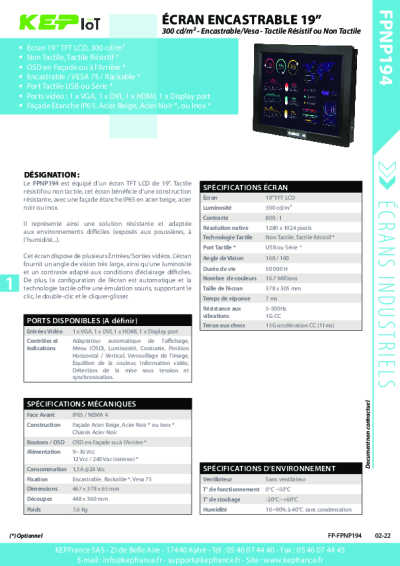 Écran Tactile Résistif Industriel Encastrable/Rackable – FPNP-194 19”