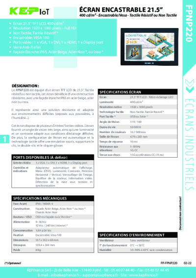 Écran Industriel Encastrable Tactile – FPNP-220 22”