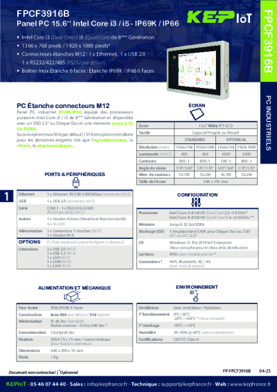 PC INDUSTRIEL - Panel PC IP69K 15.6'' - FPCF3916B