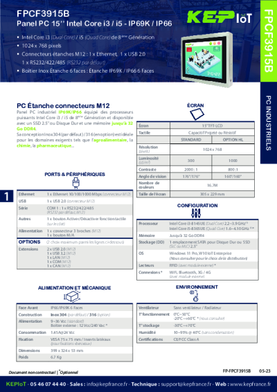 PC INDUSTRIEL - Panel PC IP69K 15'' - FPCF3915B