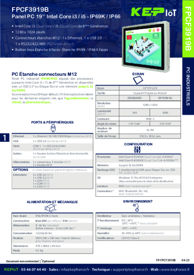 PC INDUSTRIEL - Panel PC IP69K 19'' - FPCF3919B