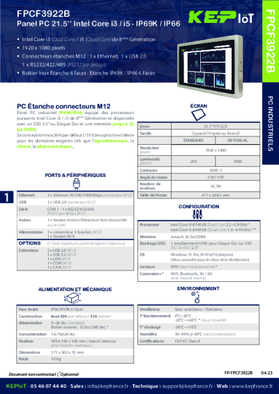 PC INDUSTRIEL - Panel PC IP69K 21.5'' - FPCF3922B