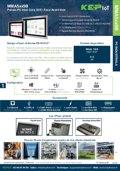 Panel PC 15.6'' Intel Core i3/i5 - Face avant inox