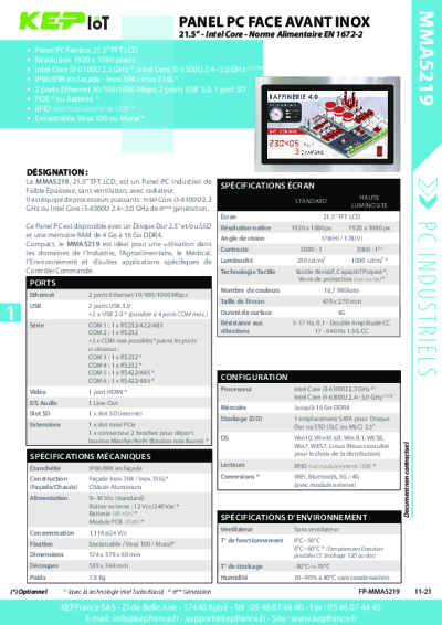 Panel PC industriel encastrable 21.5'' agroalimentaire EN 1672-2