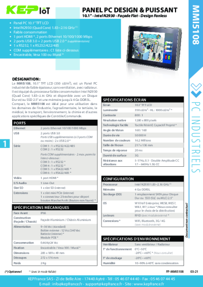 Panel PC Industriel Capacitif Projeté - MMI5108 - 10.1