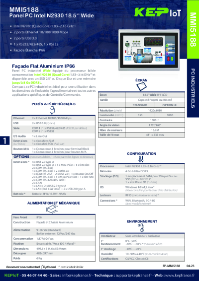 Panel PC Industriel Capacitif Projeté, Encastrable - MMI5188