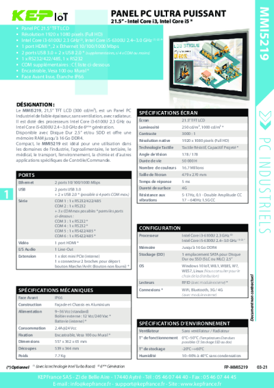Panel PC industriel Fanless Tactile, Puissant - MMI5219