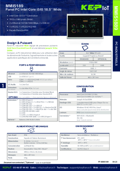 Panel PC industriel Fanless Tactile, Puissant – MMI5189