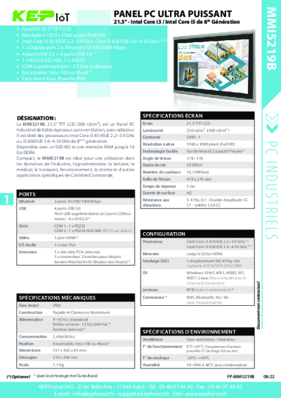 Panel PC Industriel 21.5'' Intel Core i3/i5 - - MMI5219B